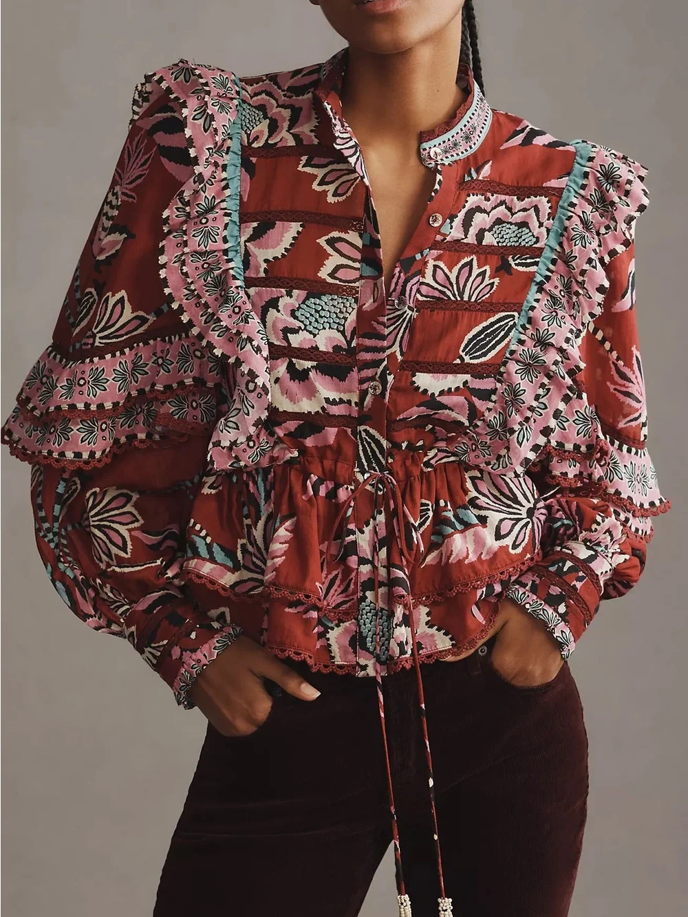 FARM Rio Boho Ruffle Blouse - Red Pink SZ L